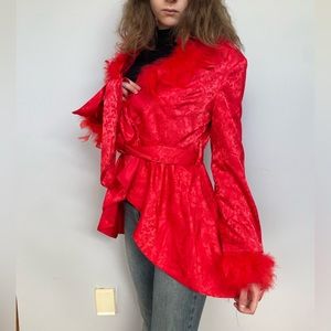 Dolls Kill red brocade coat with fur trim